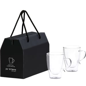 A set of two clear glass coffee cups in a black gift box with a handle.