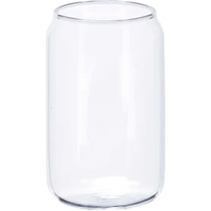 A clear glass resembling a beer can, featuring a smooth, cylindrical shape without any additional markings.