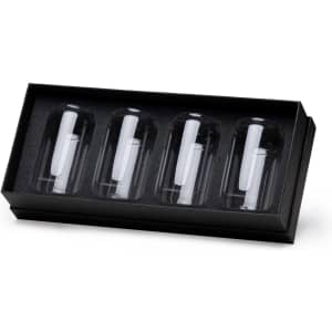 A set of four clear beer can glasses, displayed in a black gift box with foam padding.