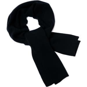 A dark navy Merino scarf with a ribbed texture, featuring a simple design and a logo.