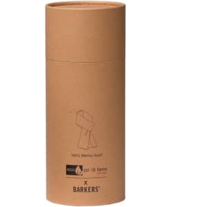 A cylindrical cardboard packaging for a 100% Merino scarf, featuring a minimalist design and a logo.