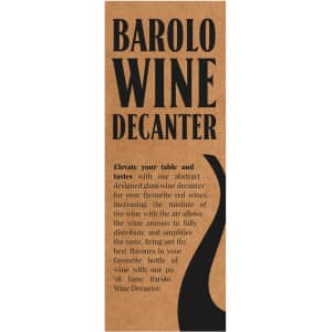 A Barolo wine decanter in abstract design, featuring a sleek black shape on a brown background. It includes a logo.