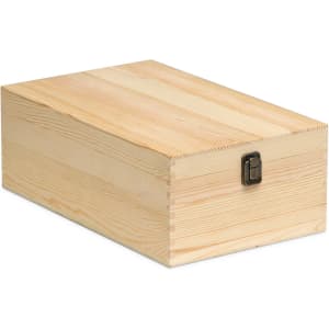 A wooden storage box in natural timber colour, featuring a metal clasp and a simple design.
