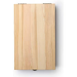 A wooden box with a natural light wood finish, featuring a hinged lid and a simple design.