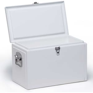 A white cooler box with a hinged lid and metal latches, featuring a sleek, rectangular design.