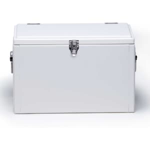 A white cooler box with a metal latch and handles, featuring a simple design and a logo.