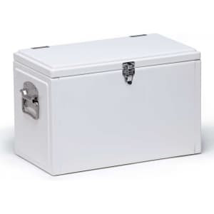 A white cooler box with a metal latch and handle, featuring a sleek design and branding.
