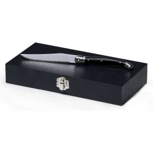 A six-piece knife set with stainless steel blades and black handles, presented in a sleek black wooden box.