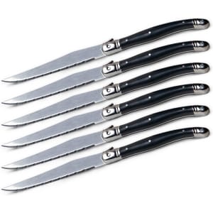 A set of six knives with stainless steel blades and black plastic handles, featuring a sleek design and branding.