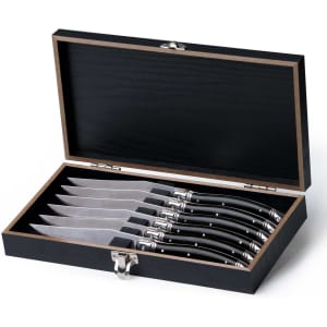 A Euro 6 pcs knife set in a black wooden box, featuring silver-toned blades and black handles.