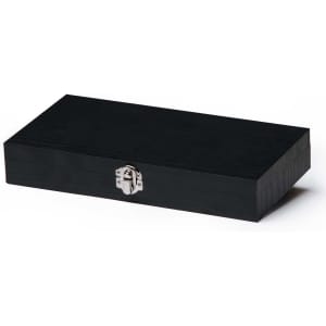 A black wooden box with a metal clasp, designed for storing a knife set.