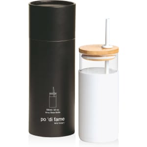 A drink bottle with a white base, transparent glass body, bamboo lid, and a straw, packaged in a black cylindrical box.