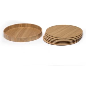 A set of six wooden placemats in a light brown finish, with a matching storage tray.