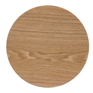 A circular wooden placemat in light brown, showcasing a smooth surface and natural wood grain.