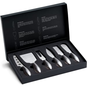 A cheese knife set in a black box, featuring six stainless steel knives with different shapes and sizes.