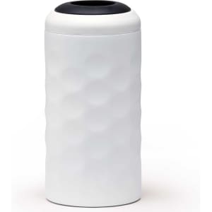 A drink bottle in white with a textured surface and a black lid, featuring a logo on the front.