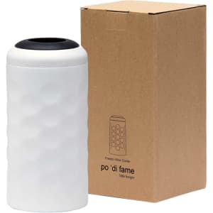 A drink bottle in white with a textured surface, next to a plain brown box. Features a lid and branding.
