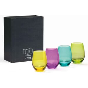 A set of four wine glasses in purple, turquoise, yellow, and green, presented in a black box with a logo.