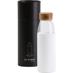 A drink bottle with a transparent body and wooden lid, displayed with a black cylindrical packaging.