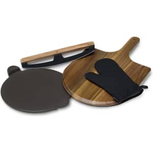 A pizza set featuring a wooden paddle, a black oven mitt, a metal pizza stone, and a pizza cutter.