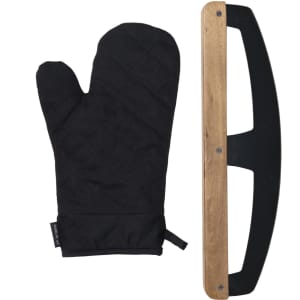 A black oven mitt and a wooden pizza peel with a black handle, featuring a simple design and branding.