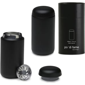 A drink bottle and a stylish cylindrical container in matte black, featuring a removable cap and strainer.