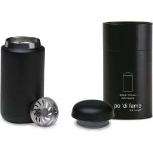 A drink bottle with a black exterior and a silver lid, accompanied by a cylindrical black container.