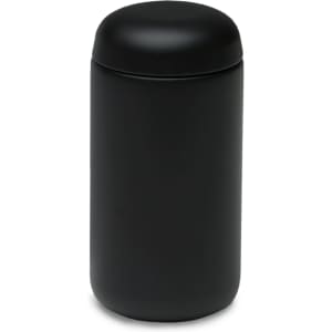 A drink bottle in sleek black with a rounded lid and a smooth matte finish. Features a minimalistic design.