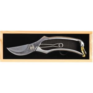 A pair of silver secateurs displayed in a wooden box with a black interior. It features a metal clasp.