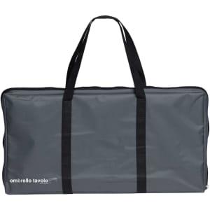 A grey carry bag with black straps, featuring a logo, designed for the Ombrello Tavolo Table.