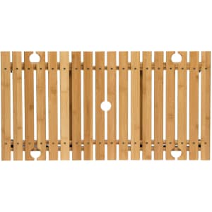 A rectangular bamboo table with slatted design, featuring a central hole and two side openings.