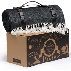 A rolled black and white herringbone picnic blanket with leather straps sits atop a decorative box.