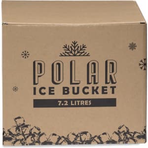 A cardboard box containing a 7.2 litre Polar Ice Bucket. The design features snowflakes and a logo.
