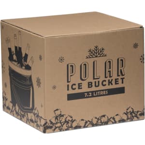A cardboard box containing a Polar Ice 7.2L bucket, illustrated with a design featuring ice and bottles.