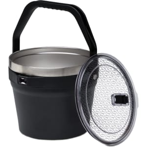 A black bucket with a stainless steel inner lining and a clear, patterned lid, featuring a handle.