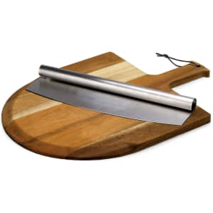 A wooden pizza peel with a stainless steel rocker blade, featuring a hanging cord for easy storage.