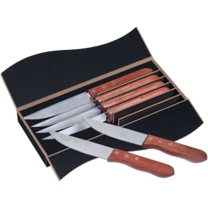 A six-piece steak knife set with stainless steel blades and wooden handles, presented in a sleek black storage case.