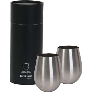A set of two stainless steel stemless wine glasses in a black cylindrical packaging.