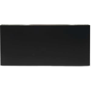 A rectangular black box with a glossy finish, featuring a logo on one side.