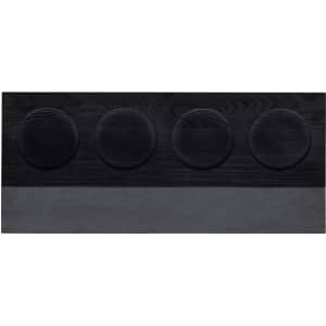 A black wooden tasting board with four round indentations and a grey slate section. It features a logo.