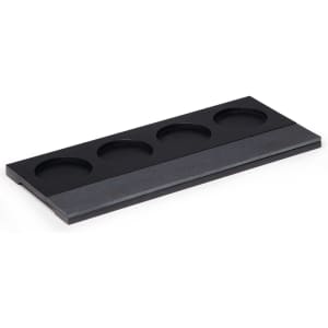 A black wooden tray featuring four circular indentations for wine tasting glasses.