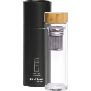 A drink bottle with a clear body, stainless steel infuser, and a bamboo lid, packaged in a black cylindrical box.