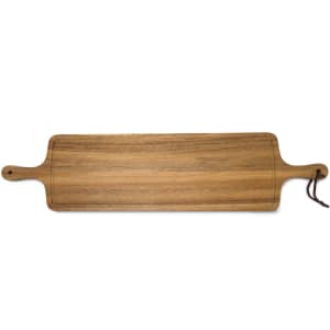 A wooden tapas serving board in a natural finish, featuring handles and a leather strap for hanging.