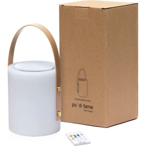 A white speaker lamp with a brown handle and a remote, next to a plain cardboard box.