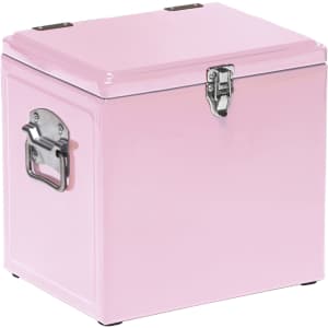 A pink vintage cooler box with a metal latch and handle, featuring a glossy finish.