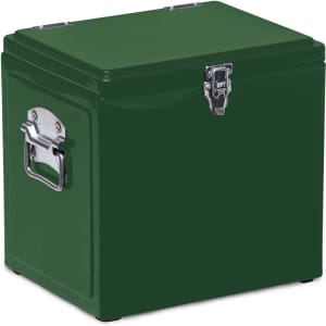 A green vintage cooler box with a metal clasp and handle, featuring a glossy finish. It has a logo on the front.