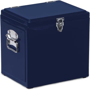 A navy blue vintage cooler box with a metal latch and handle, featuring a sleek, shiny finish.