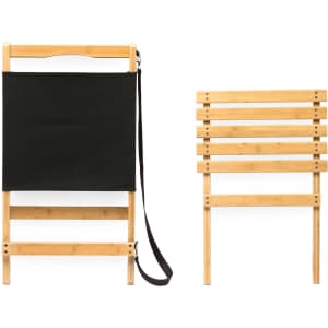 A black fabric beach chair with a bamboo frame, featuring a strap for carrying. The chair is shown in both upright and folded positions.