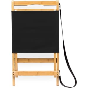 A black folding beach chair made of bamboo, featuring a strap for easy carrying. It has a simple, elegant design.