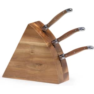 A wedge-shaped wooden knife block set featuring three cheese knives with stainless steel blades and wooden handles.